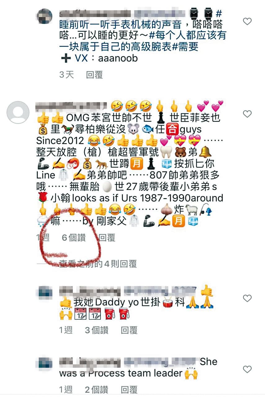 W女開很多帳號瘋狂留言，而且中、英文與圖案混用，讓人完全看不懂。（翻攝自賴弘國IG）