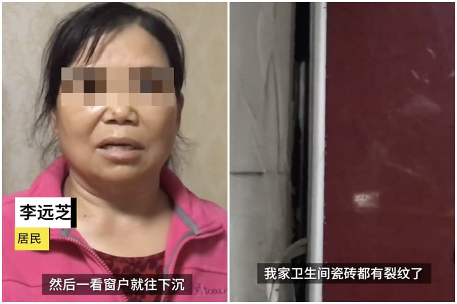 住戶受訪時表示對屋況感到害怕，除了陽台下沈，廁所磁磚也出現裂縫。（翻攝自梨視頻）