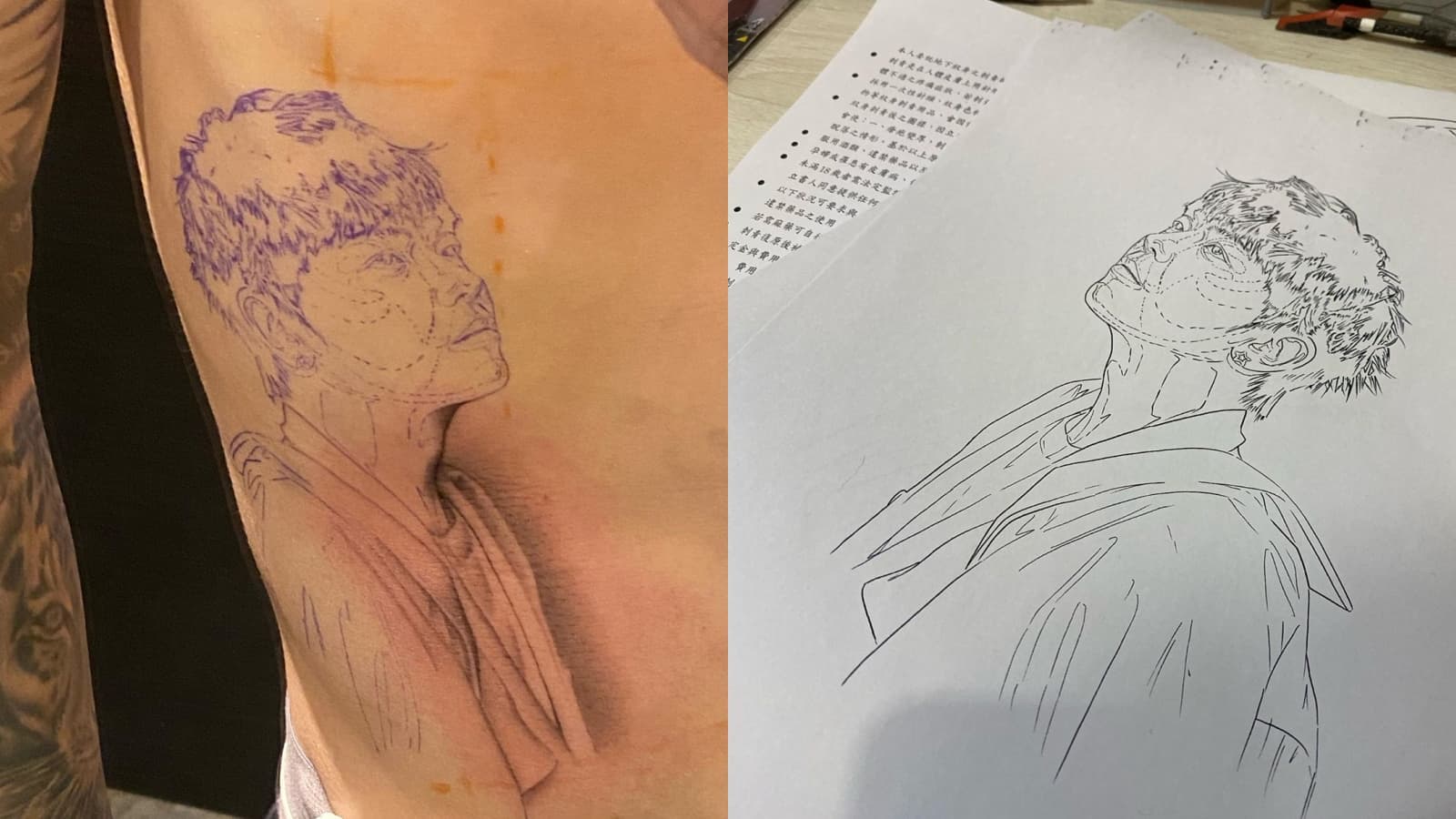 小鬼妹夫把他側臉仰望天空的肖像刺在身上，引網熱淚。（圖片來源：IG @AES_SAM）