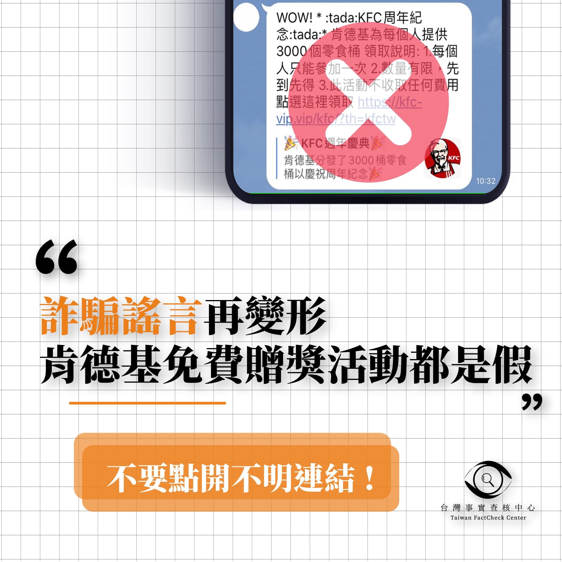 台灣事實查核中心求證，肯德基官方並無此優惠活動。（翻攝自TFC 台灣事實查核中心臉書粉專）