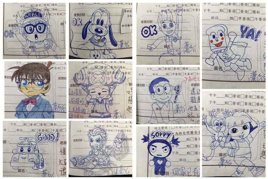 蕭姓媽媽畫了許多卡通人物，每張都相當逼真。（翻攝自臉書社團「爆廢公社」）