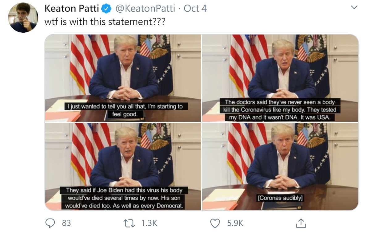 川普自稱身上沒有DNA而是USA？原來是造假字幕的改圖。（翻攝自Keaton Patti推特）
