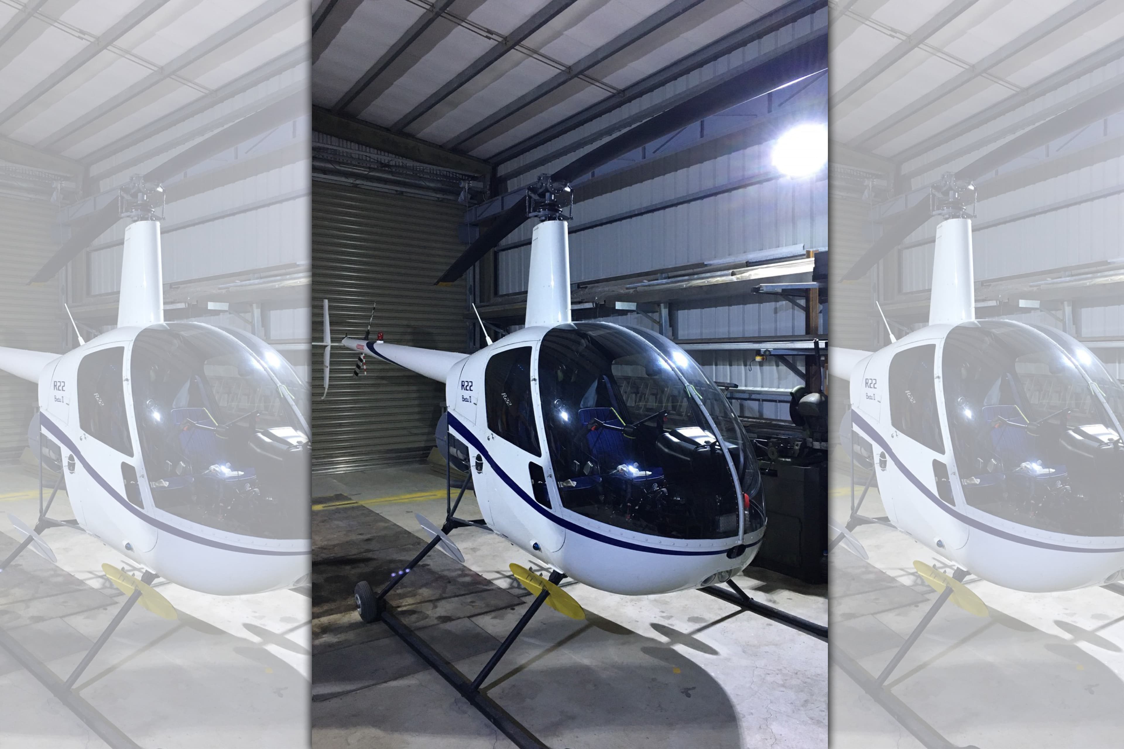 淡水新市鎮日前驚傳有小型直升機載客起飛，圖為遭扣案之Robinson R22 BetaⅡ型輕型2人座直昇機。（士林地檢署提供）