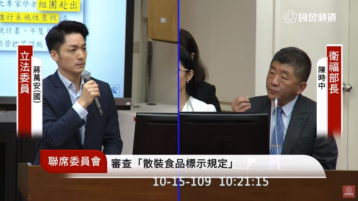 立委蔣萬安（左）不停針對如何辨識萊豬質問衛福部長陳時中（右）。（翻攝自國會頻道YouTube）