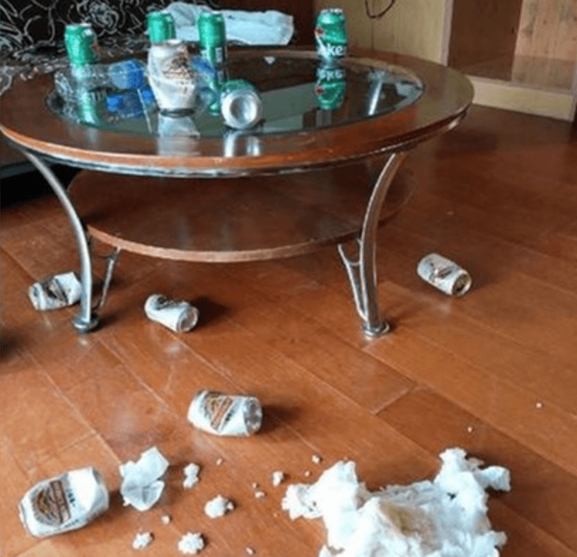 一行人把房間搞得超髒亂，啤酒罐全部亂丟，素質之低讓民宿業者氣炸。（翻攝自臉書《靠北登山大小事》）