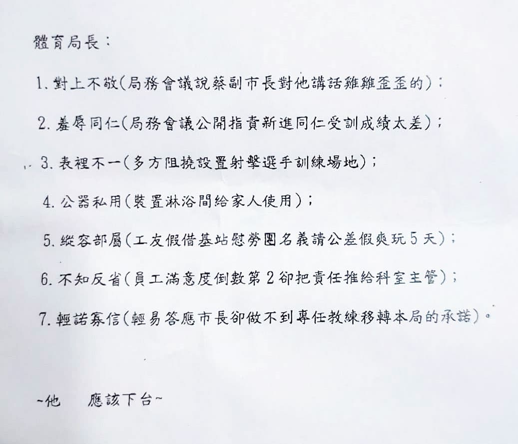 北市府及部分議員日前接獲體育局員工的陳情信，指控局長李再立有7大罪狀。（讀者提供）