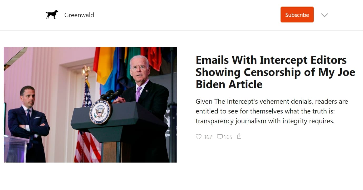 葛林華德公布被審查的文章。（翻攝自greenwald.substack.com）