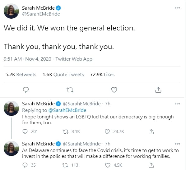 麥可布萊德勝選後開心地感謝所有人的支持。（翻攝自@SarahEMcBride推特）