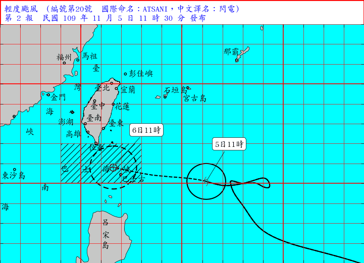 輕度颱風閃電潛勢預測。（翻攝自中央氣象局網站）