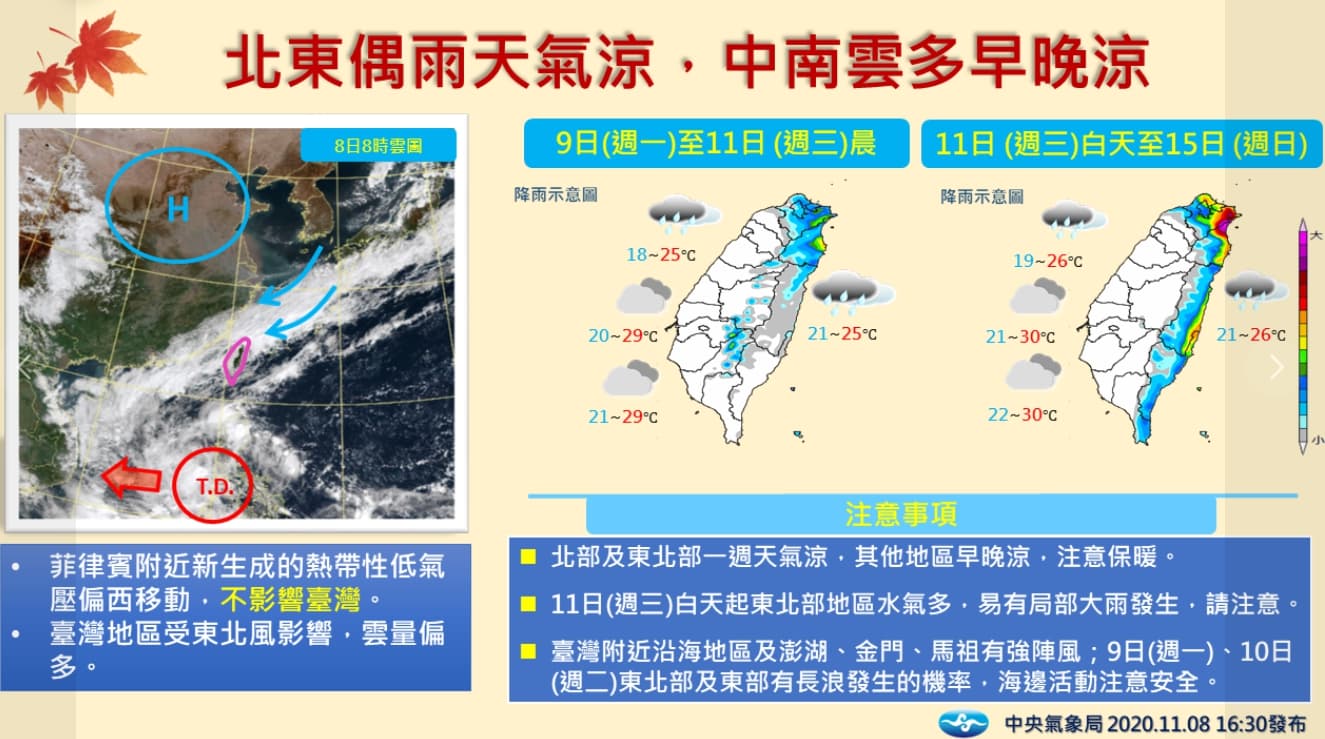 本週天氣受東北季風影響，北台灣溫度驟降，週三起雨勢會增加。（翻攝自氣象局官網）