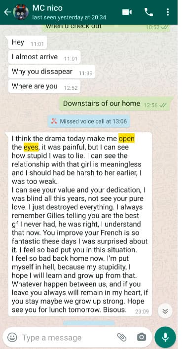 施暴後，尼可拉斯傳簡訊向H小姐認錯，希望取得原諒。（讀者提供）