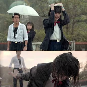 經典校園愛情片《我的少女時代》中，女一宋芸樺（右）在男一王大陸（左）、女二簡廷芮（中）面前上演「平地摔」。（翻攝自《我的少女時代》）