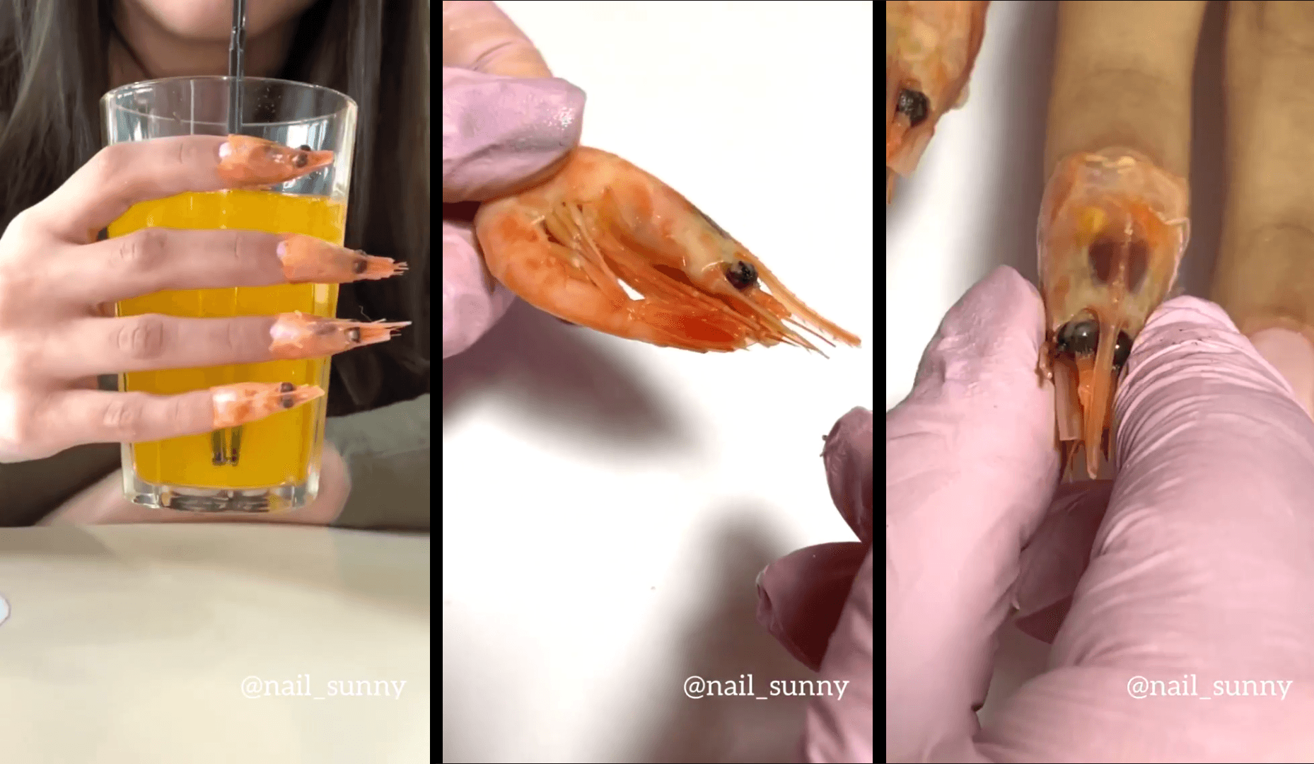 俄羅斯美甲師用「蝦頭」裝飾指甲，被批評殘忍、噁心。（翻攝自Nail Sunny IG）