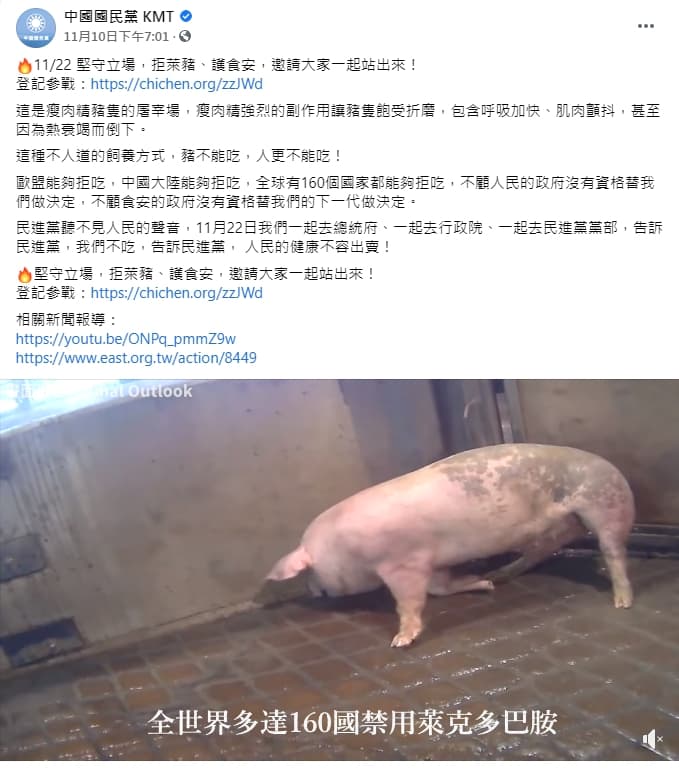 國民黨在影片中宣稱豬隻顫抖是因為被餵食了萊克多巴胺，但提供影片的動保團體否認這一說法。（翻攝自中國國民黨臉書）