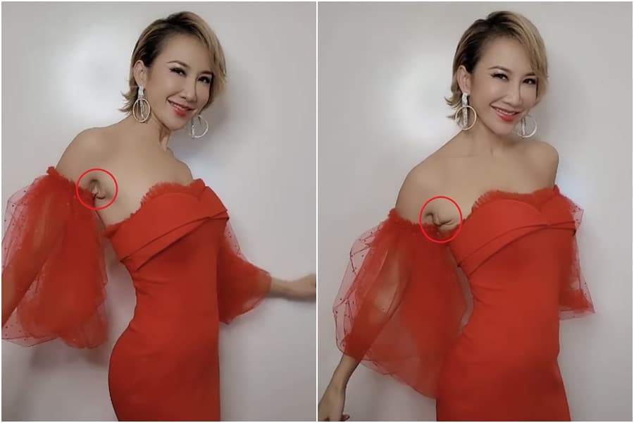 李玟在影片中穿著紅色禮服跳舞時，將手抬起和放下的瞬間，腋下「歲月痕跡」曝光引起討論。（翻攝自李玟抖音）