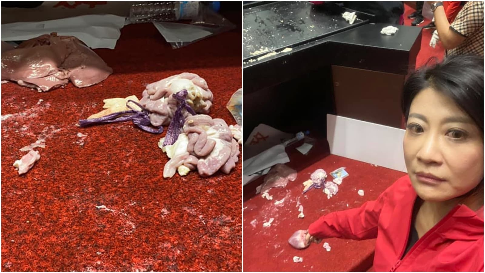 林楚茵曝光議場滿地的豬內臟，且稱藍委丟擲的豬心一度滑過她的右臉。（翻攝自林楚茵臉書）