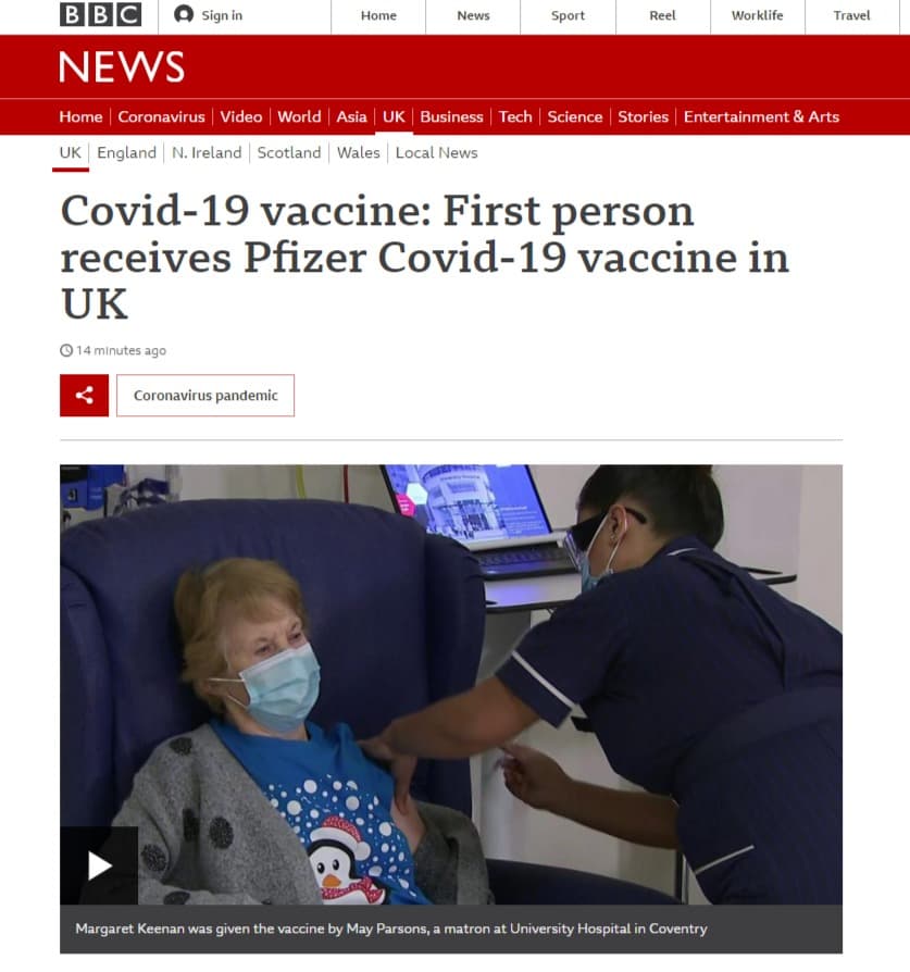90歲的基南今成為全球第一個接種武肺疫苗的人。（翻攝《BBC》網站）