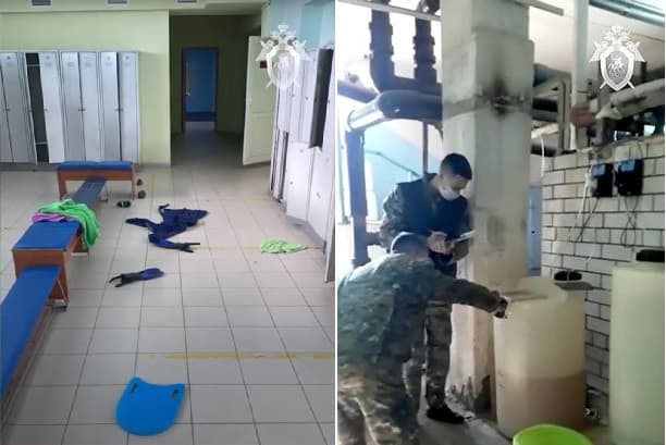 調查人員發現更衣室物品散落一地，和疑似外洩大量氯氣的水箱。（翻攝自RIC影片）