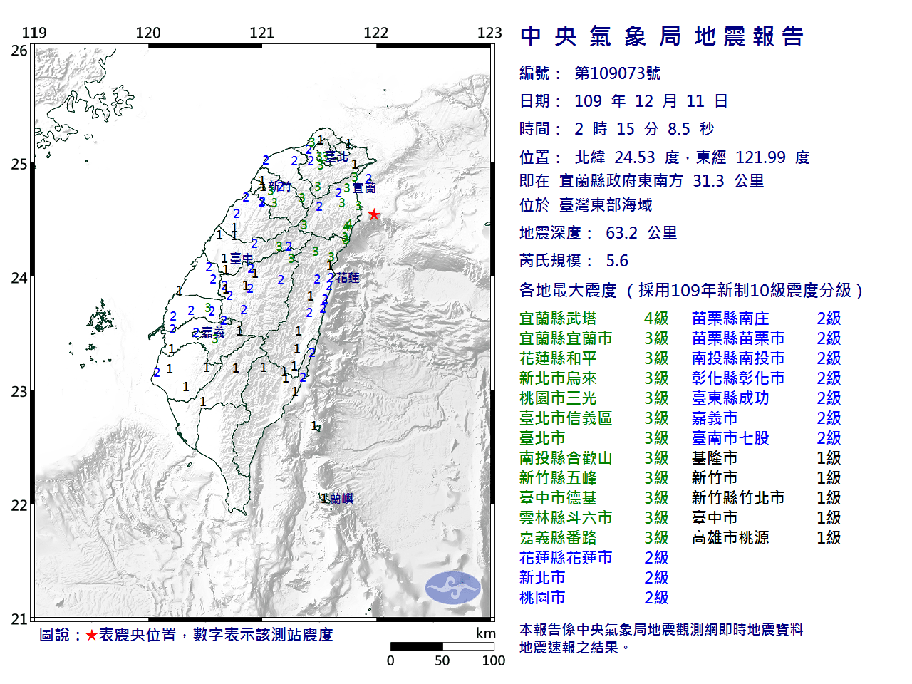 昨日發生一起幾乎全台有感地震。（翻攝自中央氣象局）