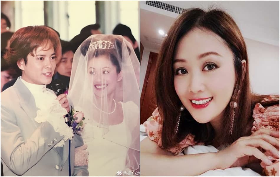 梁小冰曬出當年的婚紗照（左圖），表示和老公感情仍舊甜蜜。（翻攝梁小冰微博）