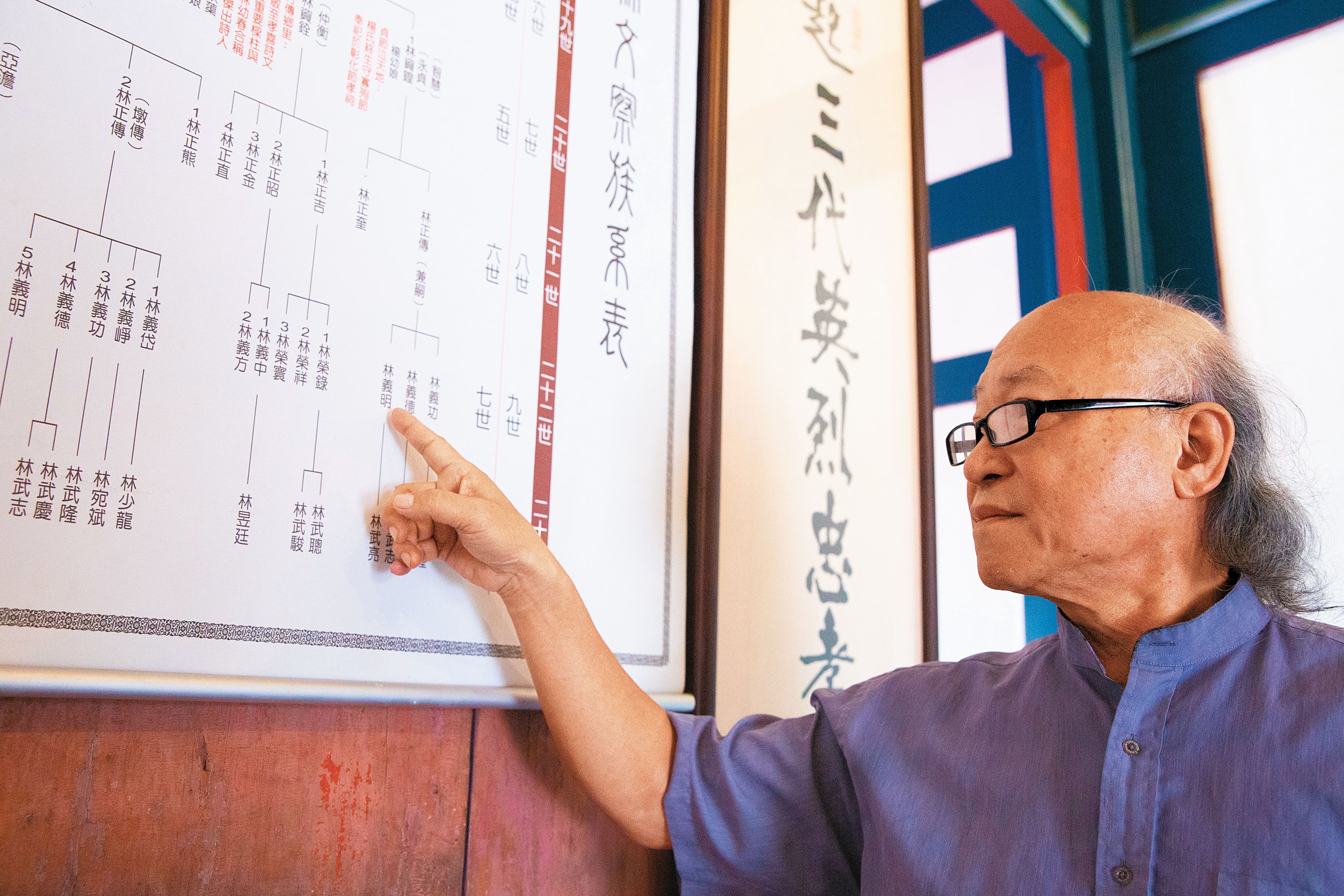 林義明指著族譜說，他們長房嫡系在光復之後回台，才知祖產被奪。
