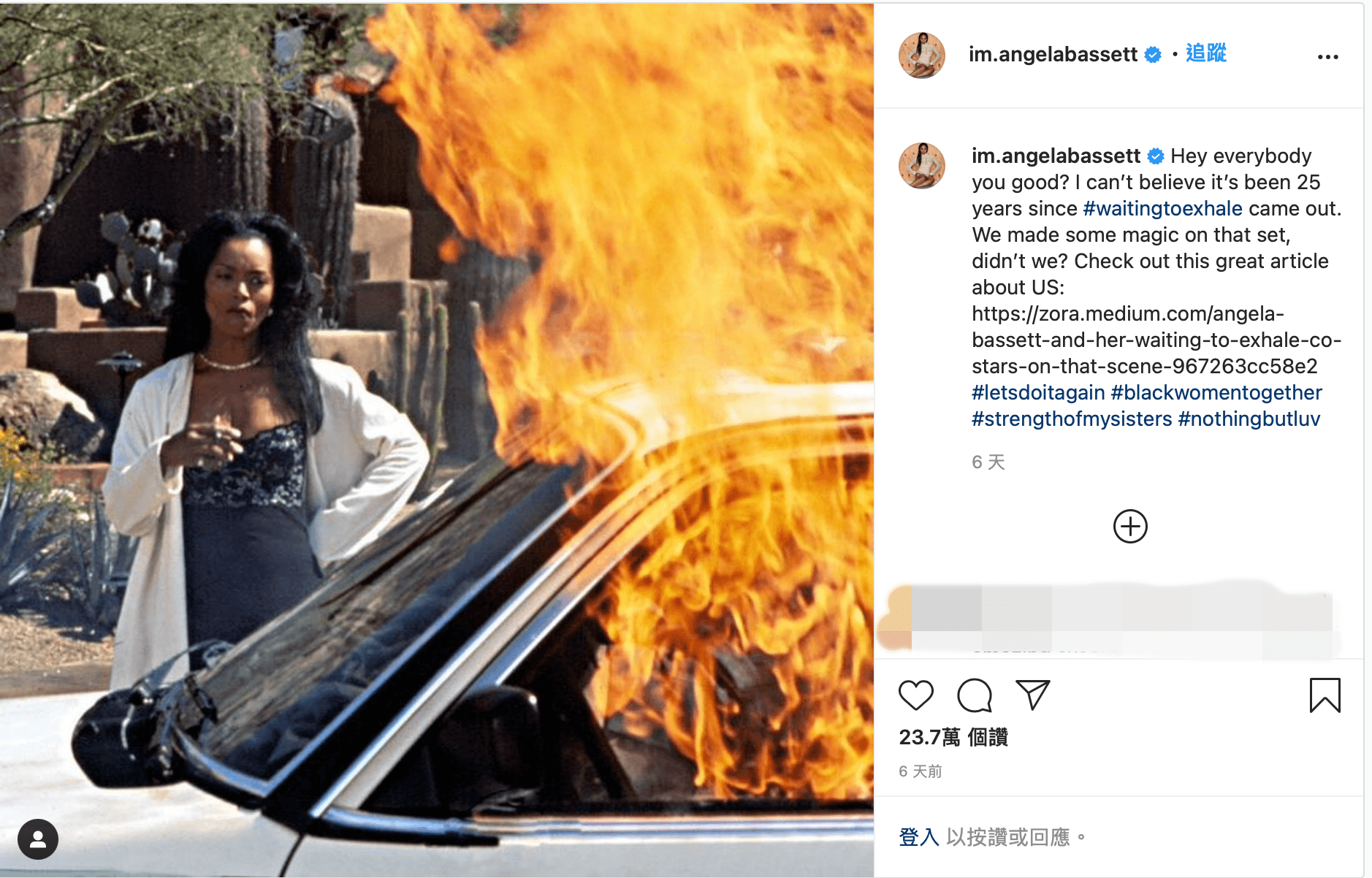 安琪拉貝瑟片中一怒之下，放火燒了前夫的衣物跟名車，讓觀眾大快人心，多年後還變成網路哏圖。（翻攝自Angela Basset官方Instagram）