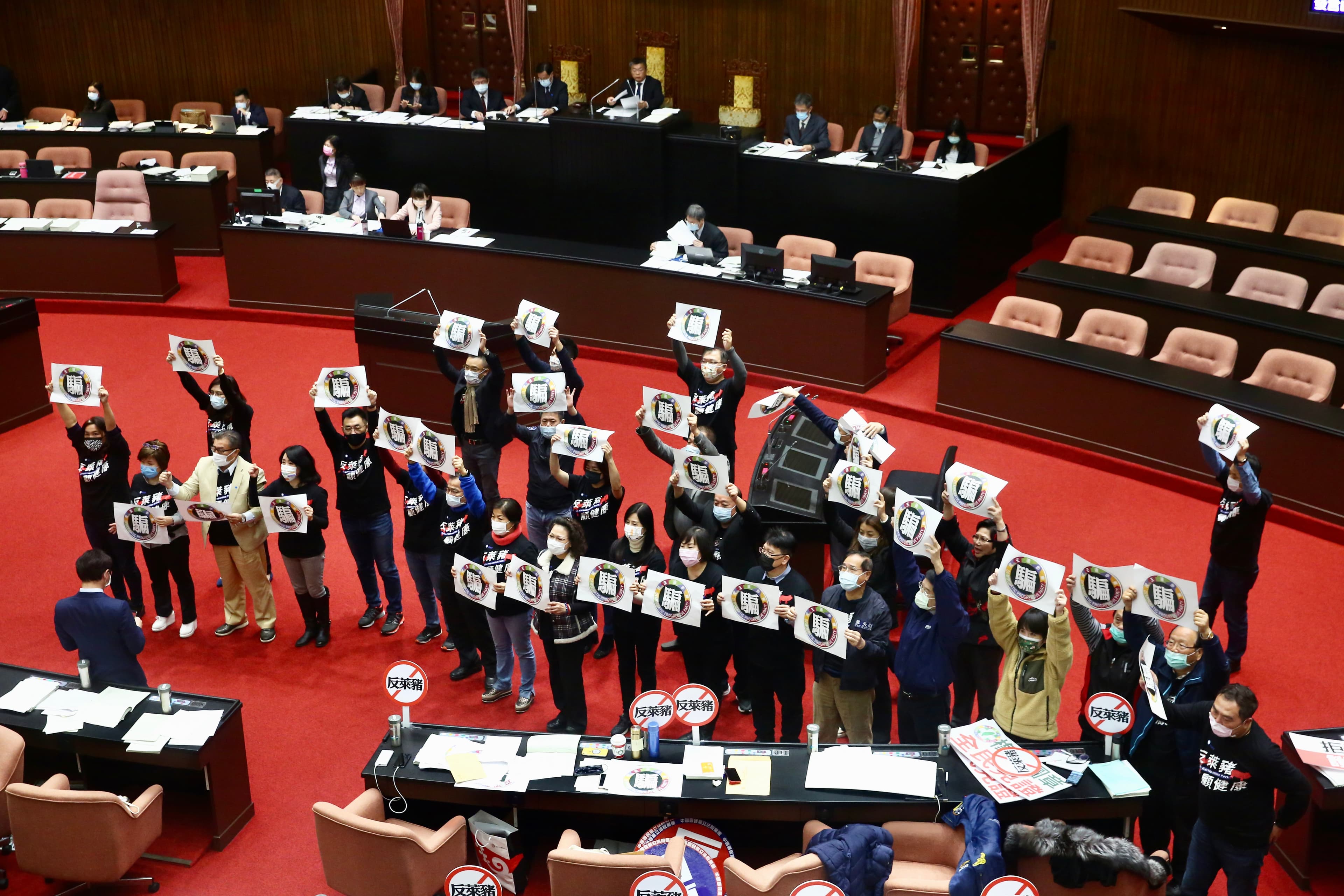 在關鍵條文表決被否決過後，國民黨立委高舉「騙」字標語抗議。