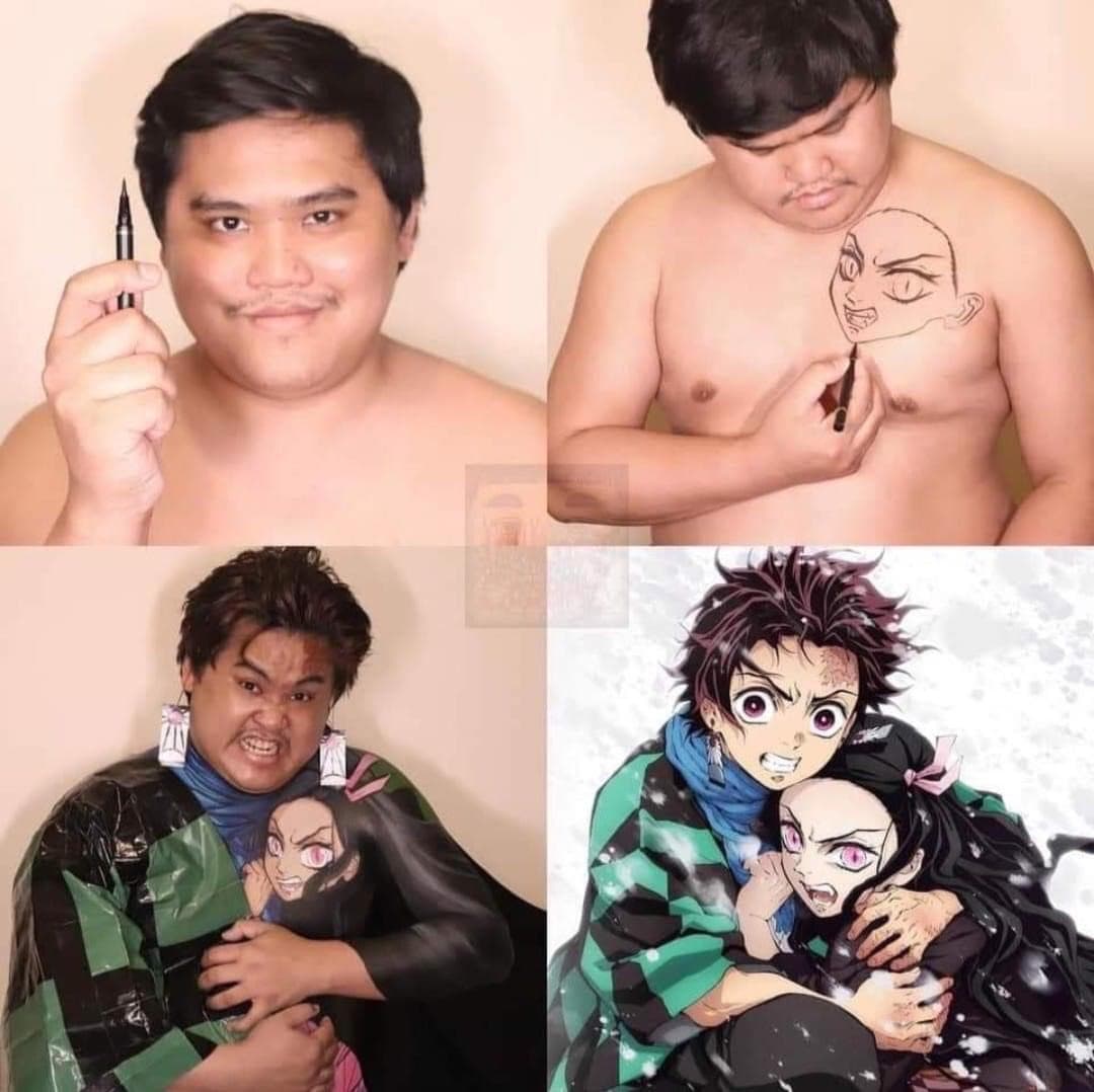 泰國網紅「Lowcostcosplay」一人分飾兩角，展現兄妹情誼，「禰豆子」變「禰豆奶」。（翻攝自Low Cost Cosplay臉書）