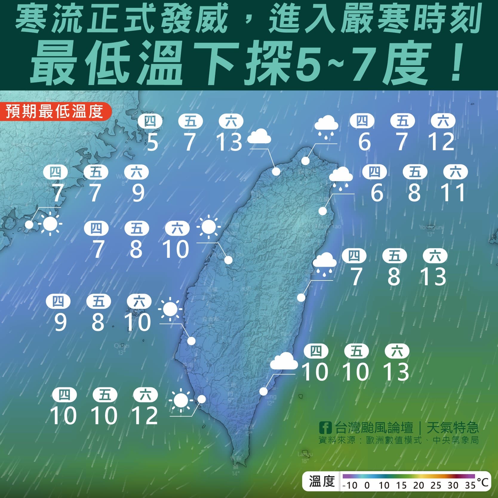 寒流正式發威，全台天氣狀況一覽。（翻攝自「台灣颱風論壇｜天氣特急」臉書）