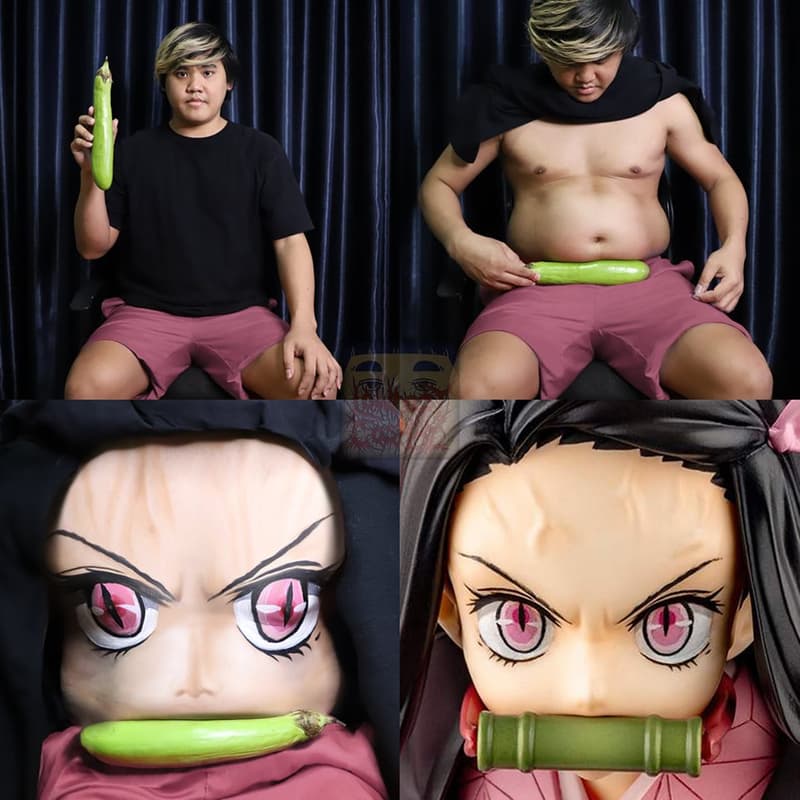 泰國網紅Low Cost Cosplay低成本扮禰豆子，用茄子代替了竹筒。台灣人可用竹筒飯吧？（翻攝自Low Cost Cosplay臉書）