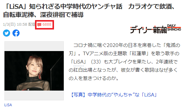LiSA國中黑歷史新聞吸引6888則留言，討論熱烈。（翻攝自Yahoo！JAPAN）