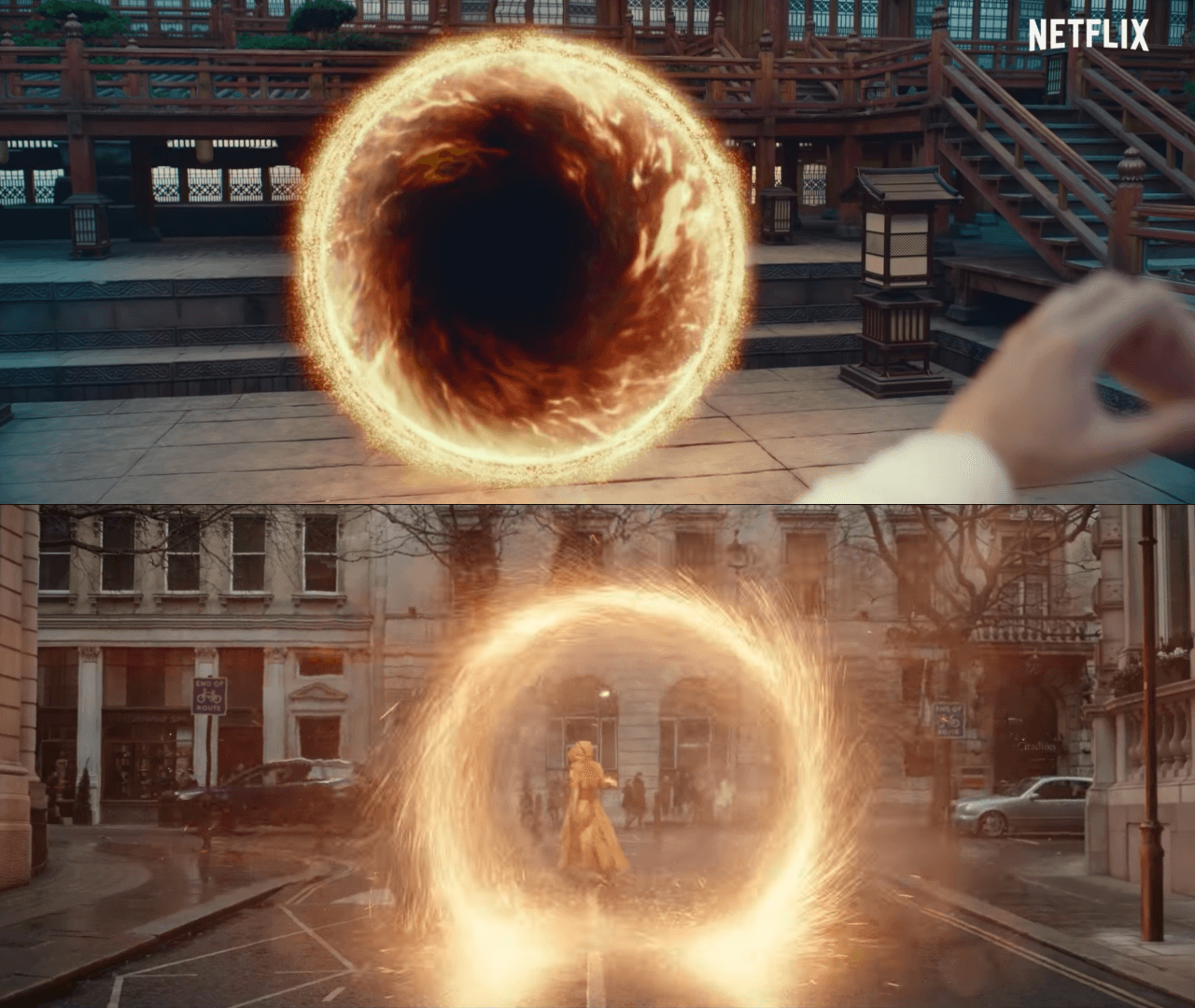 《晴雅集》(上圖)遭指特效與《奇異博士》(下圖)雷同。(翻攝自Netflix Asia/Marvel Studios Hong Kong YouTube頻道)