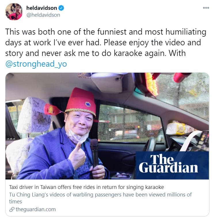 《衛報》記者戴海倫戴維森表示不要再叫她唱卡拉OK了。（翻攝heldavidson推特）