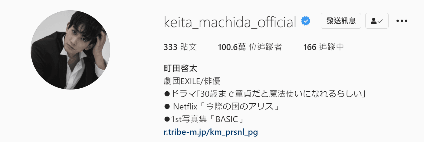 町田啓太的IG追蹤人次在前天突破百萬。（翻攝自町田啓太Instagram）