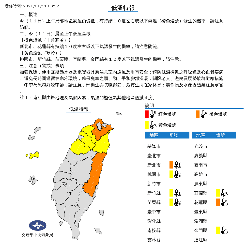 中央氣象局預估北台灣會越晚越冷，稍早已針對全台7縣市發布「低溫特報」。（中央氣象局提供）