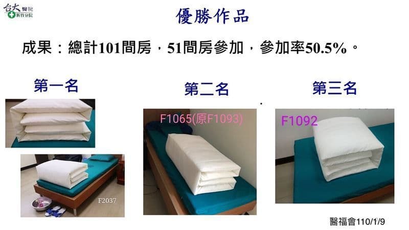 第一名連鋼盆、藍白拖都擺放得整整齊齊。（醫福會提供）