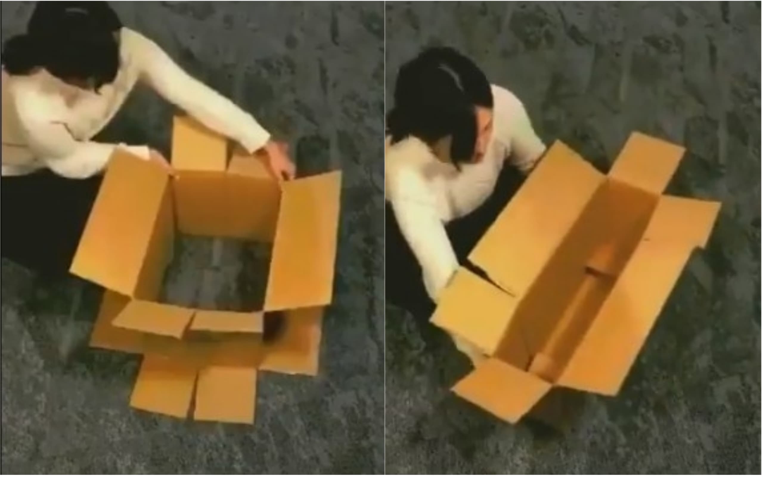 再來將紙箱凹折一番，長度變長的紙箱秒get。（翻攝自A_Kawin推特）