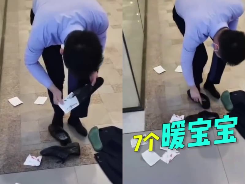 被同事提醒後，該男子開始卸下身上所有暖暖包。（翻攝自《封面新聞》微博）