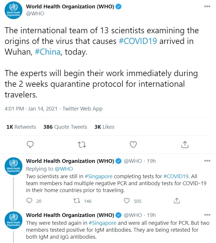 WHO透露，調查團隊中2名成員因抗體驗出陽性反應，未能登機，其餘專家們已非底武漢。（翻攝自WHO推特）