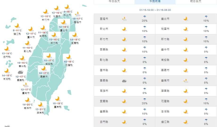 今晚至明晨全台天氣狀況。（翻攝自中央氣象局官網）