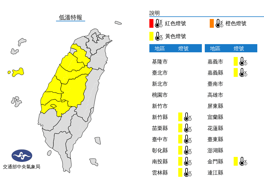 氣象局稍早針對9縣市發布「低溫特報」，有10度以下氣溫發生的機率。（翻攝自中央氣象局網站）