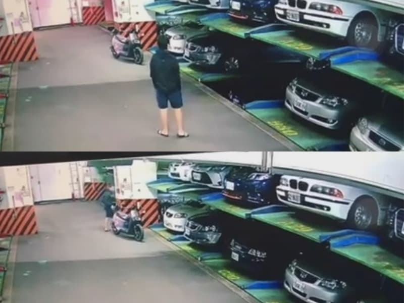 該名男子等自己的車輛停妥後,準備牽機車離開停車場,然而此時停在上層的藍色車輛已逐漸滑動。(翻攝自爆廢1公社)