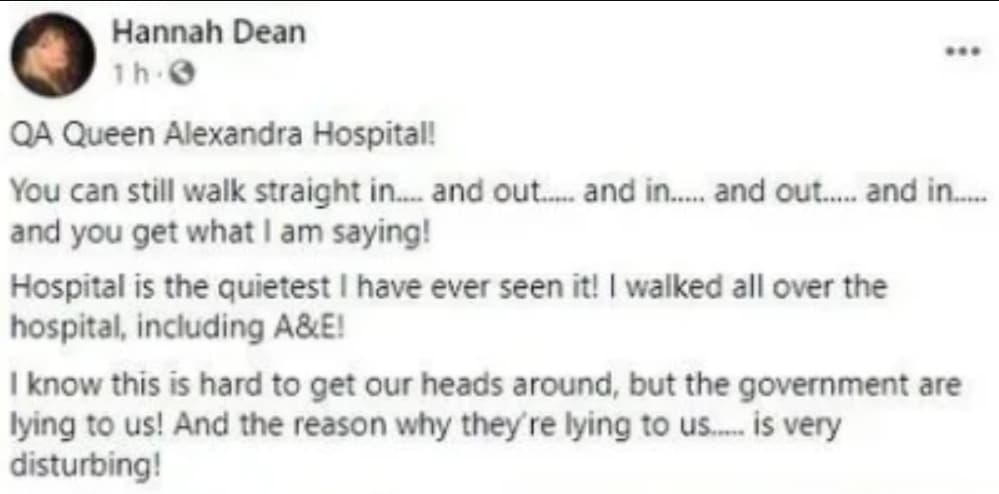 漢娜直說醫院很安靜，表示疫情只是政府的謊言。（翻攝自Hannah Dean臉書）