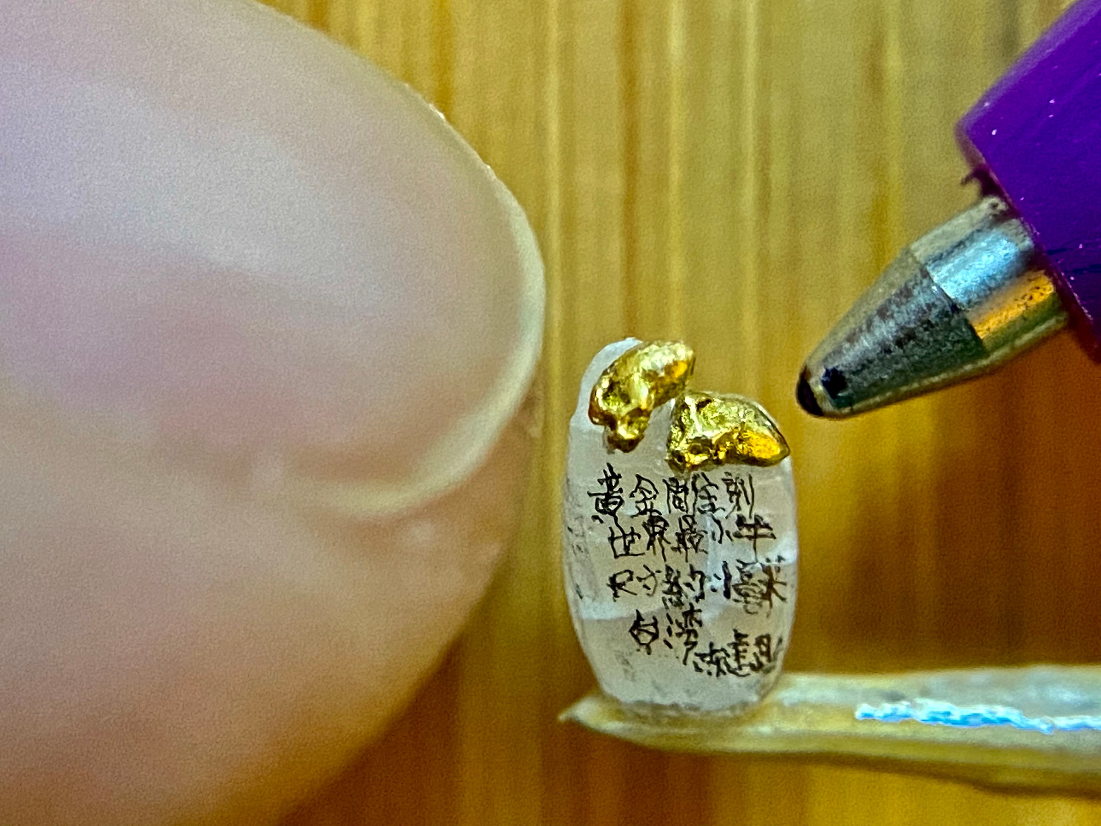 作品《米粒上2隻水牛》，陳逢顯用台灣稻米為背景，把黃金雕刻好的水牛結合在一起。（陳逢顯提供）