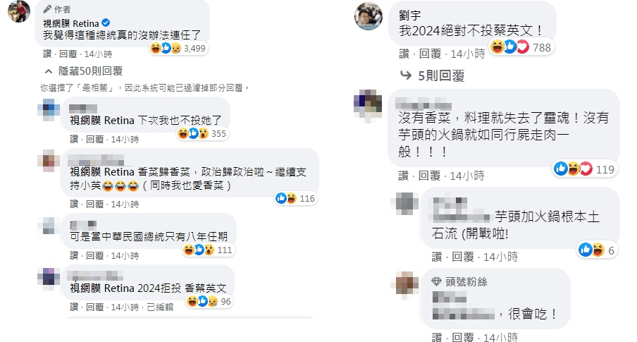 眾人對小英的表態反應也相當兩極。（翻攝自視網膜臉書）