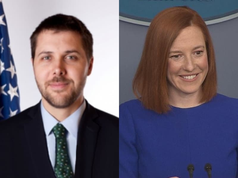 白宮發言人莎琪（Jen Psaki）（右）證實美國白宮首席經濟顧問狄斯（Brian Deese）（左）已致信表達對台灣政府的謝意。（翻攝自維基百科）