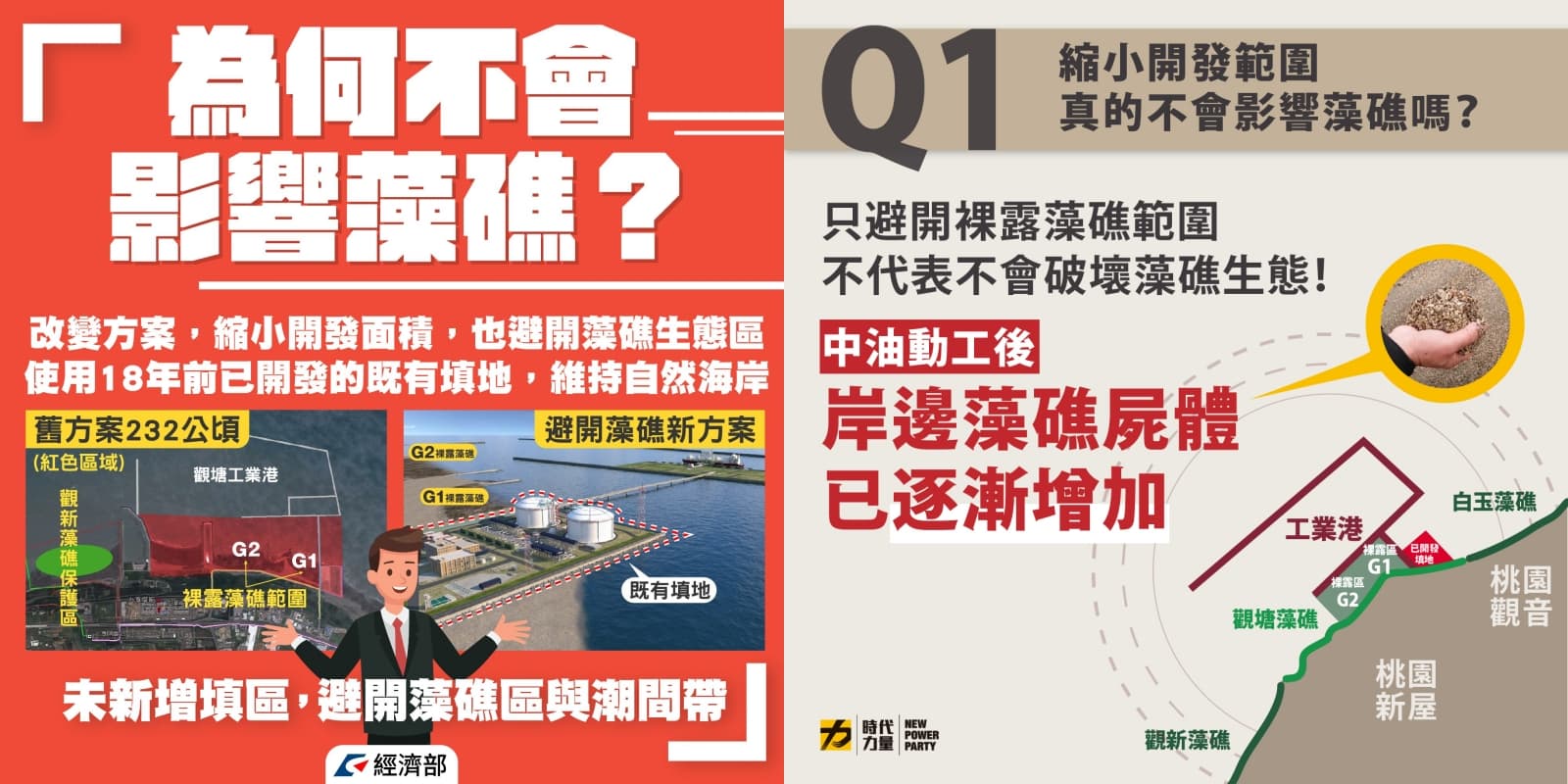 經濟部稱三接開發範圍已避開藻礁，時代力量po文駁斥這樣的說法。（翻攝自經濟部／時代力量臉書）