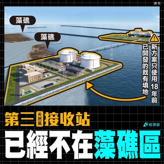 經濟部製圖解釋，三接已不在藻礁區，律師拿出環評報告駁斥此說法。（翻攝自經濟部臉書）