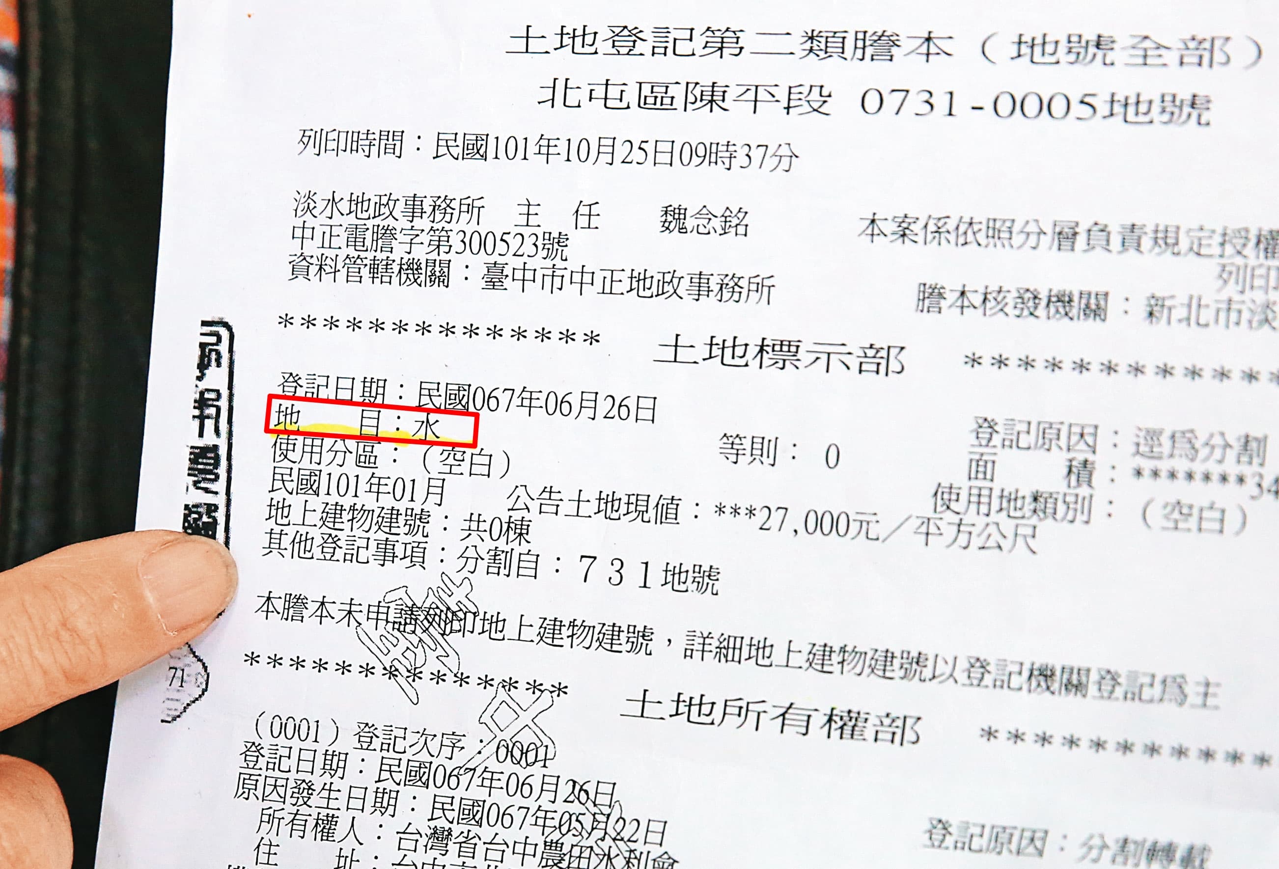 張家的土地謄本地目被註記為「水」（紅框處），張雲凱認為是地政事務所搞烏龍。