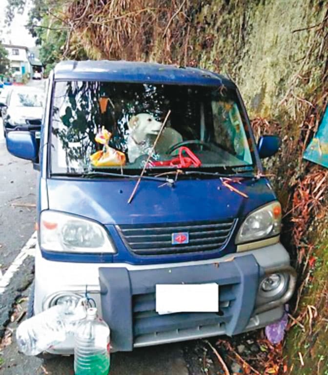 林英昌居無定所，以車為家，還養了一條小白狗排解寂寞。（東森新聞提供）